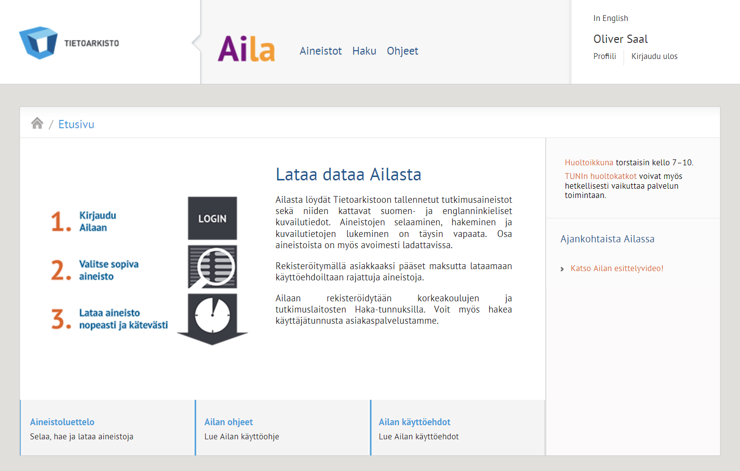 Tietoarkisto Ailan etusivu.