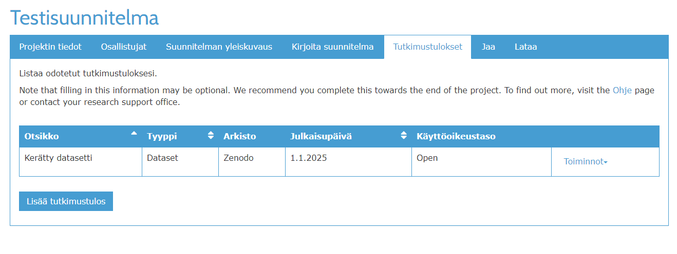 Tutkimustulokset-välilehti. Osioon on lisätty yksi tutkimustulos: kerätty datasetti, tyypiltä 'Dataset'. Sen ilmaistaan julkaistavaksi Zenodo-arkistossa tammikuun ensimmäisenä päivänä vuonna 2025, käyttöoikeustasoltaan 'Open'- eli avoimella tasolla.