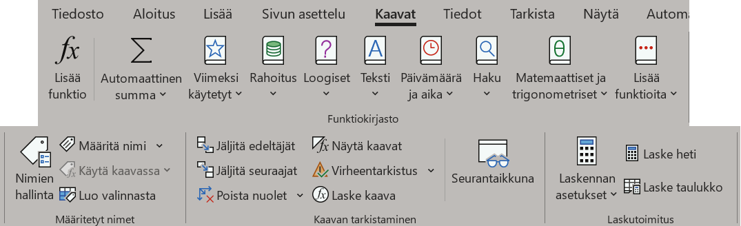 Kaavat-välilehden työkalut, kahdessa rivissä