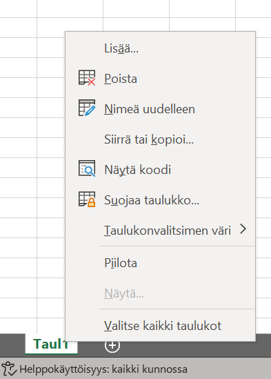 Työlehtiön muokkausmenu avattuna.