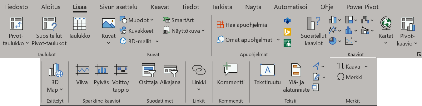 Lisää-välilehden työkalut, kahdella rivillä