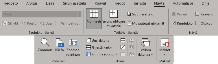 Kuvakaappaus Excelin Näytä-välilehdestä.