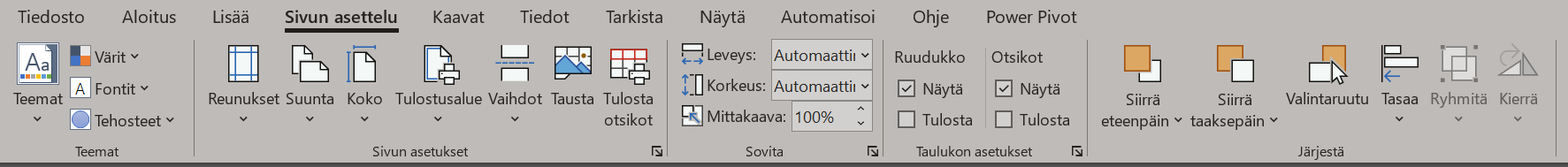 Sivun asettelu -välilehden työkalut