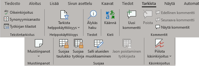 Kuvakaappaus Excelin Tarkista-välilehdestä.