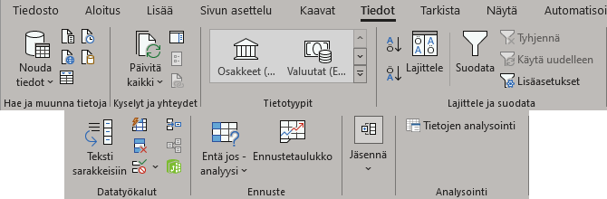 Kuvakaappaus Excelin Tiedot-välilehdestä.