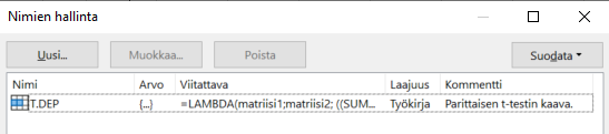 Rajattu kuvakaappaus Nimien hallinta -ikkunasta. Alueella on yksi määritetty nimi, nimeltä T.DEP. Nimi viittaa LAMBDA-funktioon, jota ei nähdä kokonaisuudessaan, ja kommentti kertoo sen olevan parittaisen t-testin kaava jonka laajuus on koko työkirja.