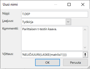 Kuvakaappaus Uusi nimi -ikkunasta nimien hallinnasta Excelissä. Ikkunassa on lisätty funktio T.DEP, jonka kommentti kertoo sen olevan parittaisen t-testin kaava. Viittauskaavaa ei näe kokonaan kuvassa.