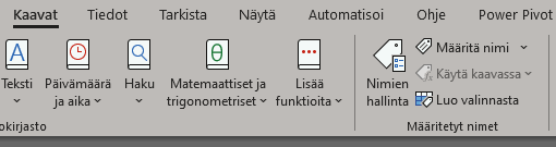 Kuvakaappaus Nimien hallinta -alueesta Kaavat-välilehdessä Excelissä.