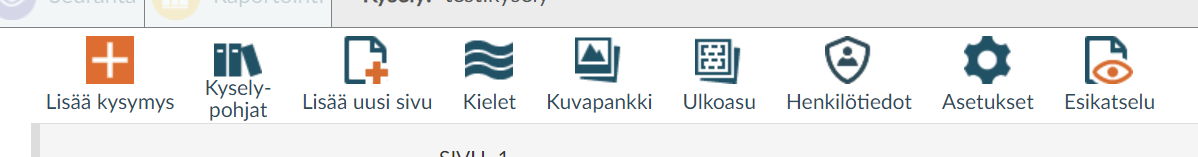 Muokkaa-näkymän muokkaustyökalut. Nämä ovat: Lisää kysymys, kyselypohjat, lisää uusi sivu, kielet, kuvapankki, ulkoasu, henkilötiedot, asetukset ja esikatselu.
