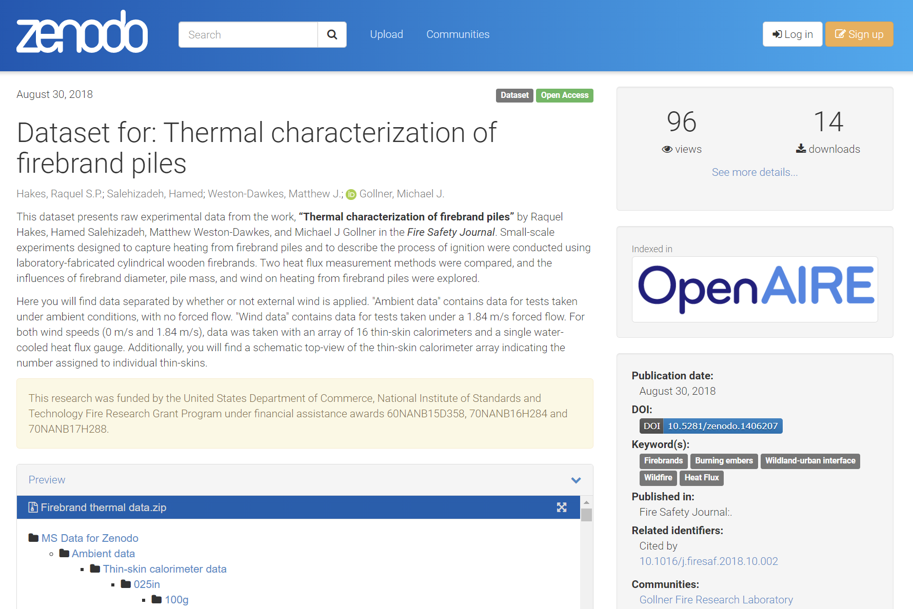 Tietovaranto 'Dataset for: Thermal characterization of firebrand piles' Zenodo-palvelussa. Linkki tietovarantoon: https://zenodo.org/record/1406207